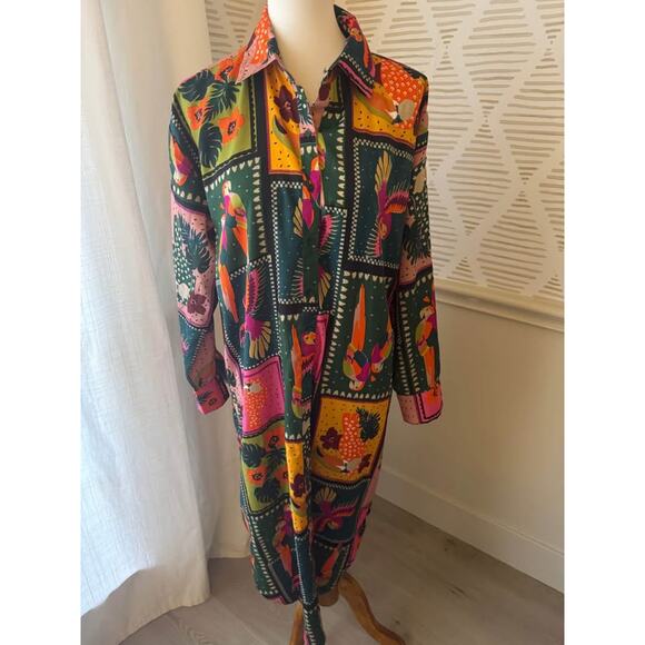 Live 4 Truth Large Tropical Print Multicolor Floral Toucan Button Up Shirt Dress - Picture 2 of 7